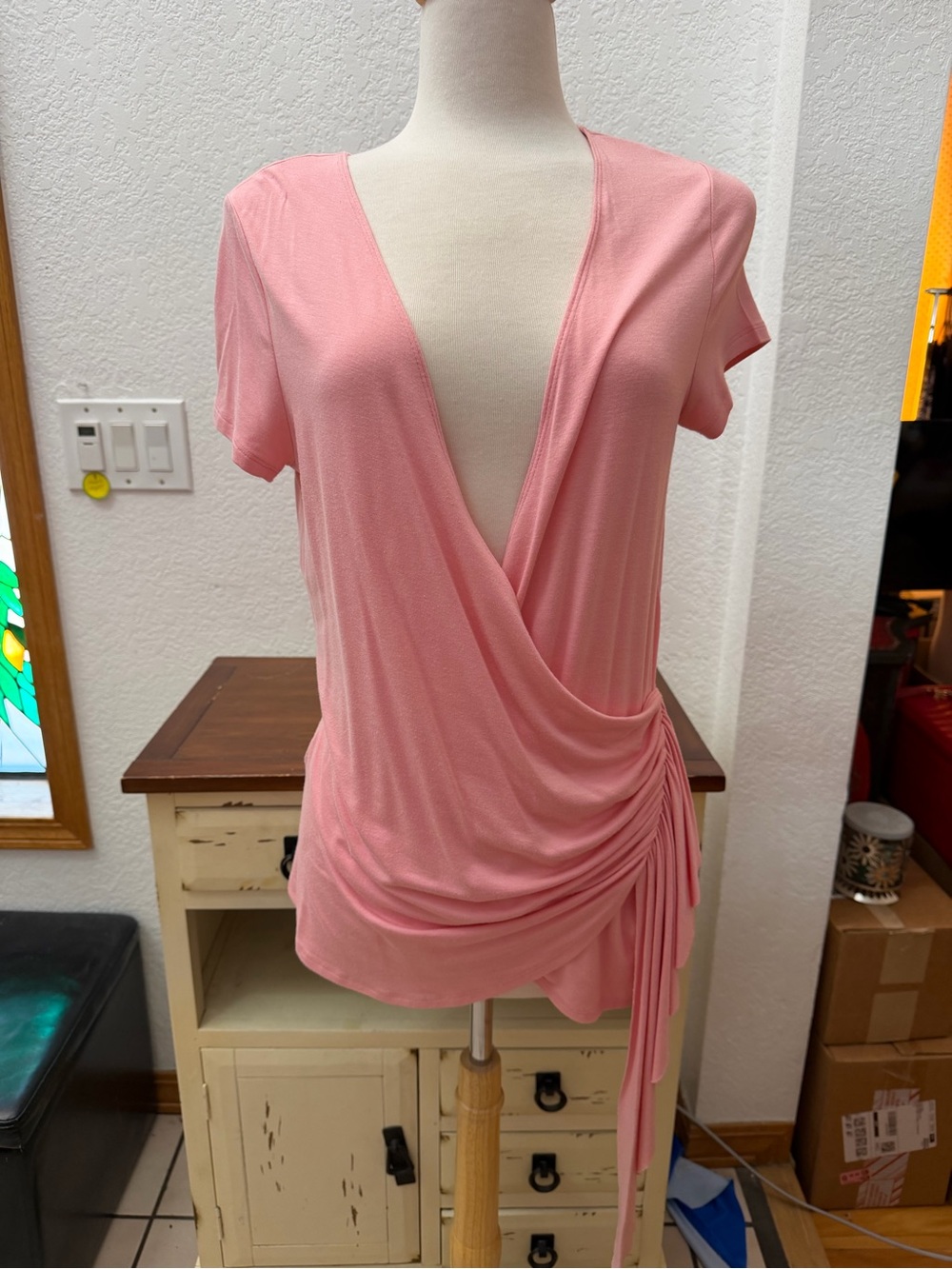 Karen Kane Soft Pink Draped V-Neck Short Sleeve Top